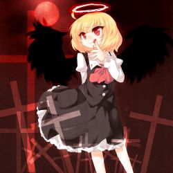 Rule 34 | 1girl, arm behind back, bad id, bad pixiv id, black wings, blonde hair, blood, cross, dress, ex-rumia, female focus, licking finger, halo, highres, koza, kozakura (dictionary), licking, necktie, red eyes, rumia, short hair, smile, solo, tongue, touhou, wings