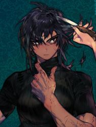 Rule 34 | 1boy, 1girl, amal (pigeon666), black eyes, black hair, black sweater, closed mouth, cutting hair, elizabeth (pigeon666), facial scar, fingernails, floral background, green background, hand up, highres, holding, knife, long hair, original, pigeon666, ponytail, ribbed sweater, sanpaku, scar, scar on arm, scar on cheek, scar on face, scars all over, slit pupils, solo focus, sweater, too many, scars all over, upper body