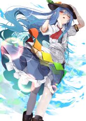 Rule 34 | 1girl, absurdres, apron, back bow, black hat, blue hair, blue skirt, bow, buttons, center frills, collared shirt, feet out of frame, food, frilled skirt, frills, fruit, hair between eyes, hand on headwear, hat, highres, hinanawi tenshi, leaf hat ornament, long hair, looking at viewer, one eye closed, open mouth, pantyhose, peach, peach hat ornament, puffy short sleeves, puffy sleeves, red eyes, shirt, short sleeves, skirt, solo, standing, teeth, touhou, tsune (tune), upper teeth only, waist apron, white apron, white pantyhose, white shirt