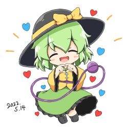 Rule 34 | 1girl, :d, black footwear, black hat, blouse, bow, chibi, dated, facing viewer, green hair, green skirt, hat, hat bow, heart, heart of string, koishi day, komeiji koishi, liner41, open mouth, shirt, short hair, simple background, skirt, smile, solo, third eye, touhou, white background, yellow bow, yellow shirt