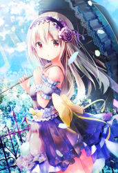 Rule 34 | 1girl, back bow, black dress, blonde hair, blue sky, bow, breasts, cloud, commentary request, detached sleeves, dress, dutch angle, flower, gothic lolita, hair flower, hair ornament, hairband, highres, holding, kotoriifu, light rays, lolita fashion, looking at viewer, looking to the side, original, parasol, parted lips, petals, railing, red eyes, sky, small breasts, solo, standing, umbrella, wrist cuffs