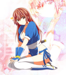 Rule 34 | 1girl, breasts, brown eyes, brown hair, cleavage, closed mouth, dead or alive, from side, full body, heart, japanese clothes, kasumi (doa), kettsu, large breasts, long hair, looking at viewer, looking to the side, ninja, pelvic curtain, puffy short sleeves, puffy sleeves, sash, scabbard, seiza, sheath, short sleeves, sitting, solo, thighhighs, v arms, white thighhighs, wrist wrap, zoom layer