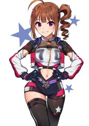 Rule 34 | 1girl, brown hair, drill hair, highres, idolmaster, idolmaster million live!, idolmaster million live! theater days, kamille (vcx68), looking at viewer, purple eyes, side ponytail, simple background, smile, solo, yokoyama nao