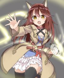 Rule 34 | 1girl, :o, amane rosylily, animal ear fluff, animal ears, black thighhighs, blush, bow, breasts, brown coat, brown eyes, brown hair, choker, cleavage, clenched hand, coat, collarbone, dress, fang, fox ears, hair between eyes, highres, long hair, long sleeves, magic, open clothes, open coat, open mouth, original, red bow, sekira ame, small breasts, smile, solo, standing, standing on one leg, thighhighs, very long hair, white dress