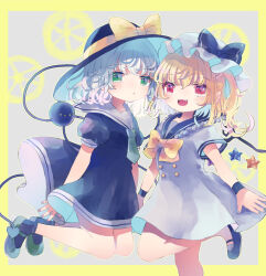 Rule 34 | 2girls, alternate costume, black dress, bow, bowtie, closed mouth, commentary, dress, flandre scarlet, full body, green eyes, hat, hat bow, hiyuu (hiyualice), komeiji koishi, looking at viewer, multiple girls, puffy short sleeves, puffy sleeves, red eyes, short sleeves, smile, standing, star (symbol), third eye, tongue, touhou, white background, white dress, wings, yellow bow, yellow bowtie