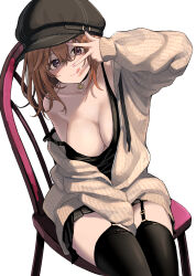 Rule 34 | 1girl, :q, absurdres, aran sweater, between legs, black hat, black skirt, black tank top, black thighhighs, blush, breasts, brown hair, cabbie hat, cable knit, chair, cleavage, collarbone, garter straps, hand between legs, hat, highres, large breasts, mameroku, medium hair, mole, mole under eye, original, pleated skirt, purple eyes, single bare shoulder, sitting, skirt, solo, strap slip, sweater, tank top, thighhighs, tongue, tongue out, v over eye