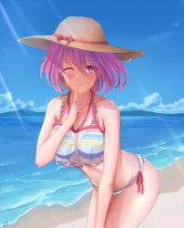 Rule 34 | 1girl, absurdres, bare shoulders, beach, bikini, blue sky, blush, breasts, closed mouth, collarbone, cozie178, fate/grand order, fate (series), feet out of frame, finger to mouth, hair between eyes, hat, highres, leaning forward, looking at viewer, mash kyrielight, medium breasts, medium hair, multicolored bikini, multicolored clothes, multicolored swimsuit, ocean, official alternate costume, one eye closed, purple eyes, purple hair, sand, sky, smile, solo, standing, sun hat, swimsuit, thighs