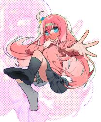 Rule 34 | 1girl, @ @, black skirt, black socks, blue eyes, blush, bocchi the rock!, breasts, commentary request, cube hair ornament, full-face blush, gotoh hitori, hair between eyes, hair ornament, hand on own face, highres, jacket, legs, long hair, long sleeves, looking at viewer, medium breasts, midair, no shoes, open mouth, outstretched hand, pink hair, pink jacket, pleated skirt, side ahoge, sidelocks, skirt, socks, sofa (enogunomu), solo, sweat, thighs, track jacket, white background, zoom layer