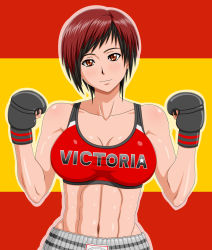 Rule 34 | 1girl, abs, black hair, blush, boxing gloves, breasts, brown eyes, brown hair, cleavage, clothes writing, collarbone, dead or alive, dead or alive 5, fingerless gloves, flag, gloves, highres, large breasts, lips, looking at viewer, makani kohitujito, midriff, mila (doa), mixed martial arts, multicolored hair, muscular, navel, red eyes, red hair, shiny skin, short hair, smile, solo, spain, spanish flag, spanish text, sports bra, tecmo, toned, two-tone hair