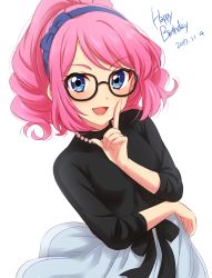 Rule 34 | &gt;:d, 10s, 1girl, :d, aikatsu!, aikatsu! (series), aikatsu stars!, black-framed eyewear, black ribbon, black shirt, blue eyes, blue skirt, blush, commentary request, dated, drill hair, english text, glasses, hairband, happy birthday, highres, index finger raised, jewelry, long sleeves, necklace, open mouth, pearl necklace, pink hair, ponytail, ribbon, sakuraba rola, sekina, shirt, simple background, skirt, smile, solo, standing, upper body, v-shaped eyebrows, white background