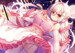Rule 34 | 1girl, bar censor, blush, breasts, brown eyes, building, cameltoe, censored, closed mouth, clothes lift, commentary request, confetti, curled horns, detached sleeves, dutch angle, fate/kaleid liner prisma illya, fate (series), full moon, garter straps, gloves, hair between eyes, hair ornament, hair scrunchie, hairclip, highres, holding, holding wand, horns, identity censor, kaleidostick, large breasts, long hair, long sleeves, magical ruby, moon, necktie, nose blush, original, outdoors, panties, pink scrunchie, pink shirt, pink theme, scrunchie, shirt, skindentation, skirt, skirt lift, sky, skyscraper, solo, star (sky), starry sky, striped clothes, striped panties, tatapopo, thighhighs, underwear, very long hair, wand, white gloves, white skirt, white thighhighs, wind, wind lift, yellow necktie