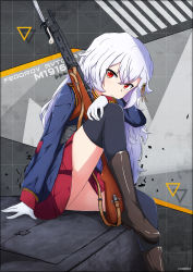 Rule 34 | alpha1918, assault rifle, battle rifle, bayonet, fedorov avtomat, girls&#039; frontline, gloves, gun, hair ornament, hairpin, highres, looking at viewer, military, military uniform, red eyes, rifle, russian empire, russian text, sitting, sitting on object, thighhighs, uniform, weapon, white hair, xandier59, zettai ryouiki