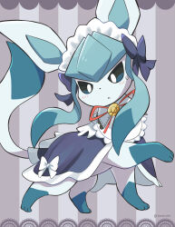 Rule 34 | black bow, bow, clothed pokemon, creatures (company), game freak, gen 4 pokemon, glaceon, glaceon (tea party), grey background, highres, komanychi, looking at viewer, maid headdress, nintendo, no humans, official alternate costume, pokemon, pokemon (creature), pokemon unite, solo, striped background, two-tone background, white bow