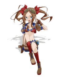 Rule 34 | 1girl, absurdres, bikini, bikini top only, blue eyes, blue shorts, boots, breasts, brown gloves, brown hair, collarbone, fate/grand order, fate (series), fingerless gloves, forehead, gloves, goggles, hair ribbon, highres, jewelry, kneehighs, leonardo da vinci (fate), leonardo da vinci (fate/grand order), leonardo da vinci (rider) (fate), leonardo da vinci (swimsuit ruler) (fate), long hair, looking at viewer, necklace, open mouth, parted bangs, puffy short sleeves, puffy sleeves, red bikini, red ribbon, red socks, ribbon, short shorts, short sleeves, shorts, shrug (clothing), sidelocks, sitting, small breasts, smile, socks, solo, swimsuit, tokumori ramen, twintails