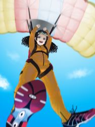 Rule 34 | 1girl, bad id, bad pixiv id, black hair, blurry, cloud, day, depth of field, foreshortening, from below, goggles, highres, jumpsuit, looking down, orange jumpsuit, parachute, sky, solo