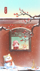 Rule 34 | 1girl, architecture, bare tree, blue sky, blush, brown eyes, carrot, cat, character name, chinese commentary, chinese text, commentary request, east asian architecture, eating, flower, hands on own cheeks, hands on own face, happy new year, highres, holding, jacket, long hair, looking up, low twintails, miracle nikki, momo (miracle nikki), new year, nikki (miracle nikki), official art, outdoors, red flower, red jacket, red ribbon, red scarf, ribbon, scarf, shining nikki, sky, snow, snowing, snowman, tree, twintails, white cat, window