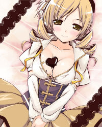 Rule 34 | 10s, 1girl, areola slip, bad id, bad pixiv id, between breasts, blonde hair, blouse, blush, breasts, candy, chocolate, chocolate heart, chocolate on body, chocolate on breasts, cleavage, corset, detached sleeves, drill hair, female focus, food, food on body, hands on lap, hat, heart, large breasts, long hair, looking at viewer, lying, magical girl, mahou shoujo madoka magica, mahou shoujo madoka magica (anime), neck ribbon, on back, open clothes, open shirt, own hands together, photoshop (medium), pleated skirt, puffy sleeves, seductive smile, shirt, skirt, smile, solo, tomoe mami, twin drills, twintails, undone neck ribbon, v arms, yellow eyes, yellow neckwear, yuki usagi