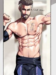 Rule 34 | 1boy, abs, arm tattoo, asymmetrical hair, beard, biceps, bodysuit, brown eyes, bulge, chest tattoo, clenched hand, clothes around waist, collarbone, creatures (company), dark nipples, detached sleeves, doorway, facial hair, fingernails, game freak, grey hair, highres, looking at viewer, male focus, male pubic hair, mature male, mouth hold, muscular, muscular male, navel, nintendo, nipples, nyantcha, open bodysuit, open clothes, pectorals, pokemon, pokemon sv, pubic hair, short hair, sidecut, single detached sleeve, solo, sweat, tattoo, thick eyebrows, thighs, topless male, turo (pokemon), undercut