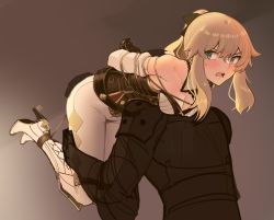 Rule 34 | 1boy, 1girl, arms behind back, bare shoulders, bdsm, blonde hair, blue eyes, blush, bondage, bound, bow, breasts, carrying, carrying over shoulder, cleavage, detached sleeves, genshin impact, hair bow, hand on own ass, high heels, highres, hogtie, jean (genshin impact), kaddo, open mouth, pants, ponytail, restrained, sweatdrop, white pants