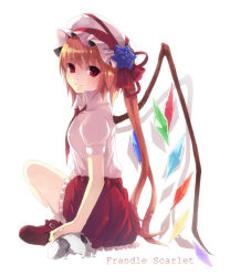 Rule 34 | 1girl, backlighting, bad id, bad pixiv id, blonde hair, dress shirt, english text, engrish text, female focus, flandre scarlet, hase neet, hat, indian style, long hair, looking back, necktie, ponytail, ranguage, red eyes, shirt, shoes, sitting, skull, smile, solo, touhou, very long hair, wings