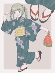 Rule 34 | 1girl, absurdres, blush, feet, green eyes, highres, japanese clothes, kimono, long hair, looking at viewer, open mouth, sandals, sarmar, toes, twintails, yukata, zouri