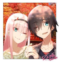 Rule 34 | 10s, 1boy, 1girl, black hair, black hairband, black shirt, blue eyes, commentary request, couple, darling in the franxx, eyes visible through hair, flower, green eyes, green shirt, hair ornament, hair over one eye, hairband, hetero, highres, hiro (darling in the franxx), holding hands, horns, interlocked fingers, long hair, long sleeves, looking at another, looking at viewer, nakoya (nane cat), one eye closed, oni horns, open mouth, pink hair, red horns, shirt, short hair, signature, tree, zero two (darling in the franxx)