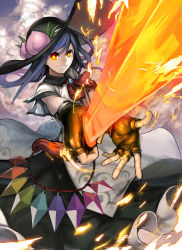 Rule 34 | &gt;:d, 1girl, :d, absurdres, black hat, black skirt, blouse, blue hair, brooch, cloud, dress shirt, fingerless gloves, fire, flaming sword, flaming weapon, food, frilled skirt, frills, fruit, gloves, glowing, glowing eyes, hat, highres, hinanawi tenshi, jewelry, leather, leather gloves, long hair, long skirt, looking at viewer, open mouth, peach, perspective, rainbow order, red eyes, ro g (oowack), shirt, short sleeves, skirt, smile, smirk, solo, sword, sword of hisou, tassel, touhou, v-shaped eyebrows, weapon, white shirt, wing collar