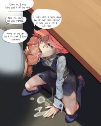 Rule 34 | 1boy, 1girl, amanda o&#039;neill, blush, brown hair, bukkake, cheek press, cum, cum in mouth, cum on clothes, cum on hair, eyebrows, facial, fat, fat man, fellatio, full body, green eyes, hetero, highres, little witch academia, open mouth, oral, penis, polyle, short hair, solo focus, teeth, tongue, tongue out, uncensored, under table, upper teeth only