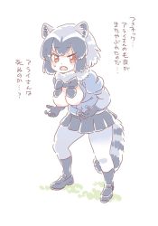 Rule 34 | 10s, 1girl, animal ears, black footwear, black gloves, black pantyhose, black skirt, blue shirt, blush, bow, bowtie, breasts, breasts out, brown eyes, common raccoon (kemono friends), fangs, full body, fur collar, gloves, grey hair, grey socks, kemono friends, legs apart, looking at viewer, medium breasts, mitsumoto jouji, multicolored hair, nipples, open mouth, pantyhose, pleated skirt, raccoon ears, raccoon tail, shirt, shoes, simple background, skirt, socks, solo, standing, sweatdrop, tail, white background