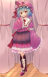 Rule 34 | 1girl, absurdres, blue hair, bonnet, bow, bowtie, commentary request, frilled shirt, frilled skirt, frilled sleeves, frills, full body, hat, hat ribbon, high heels, highres, katsukare, layered skirt, looking at viewer, mob cap, open mouth, pink footwear, pink hat, pink shirt, pink skirt, red bow, red bowtie, red eyes, red ribbon, remilia scarlet, ribbon, shirt, skirt, sleeves past fingers, sleeves past wrists, solo, standing, teeth, touhou, upper teeth only, white curtains, white hat, wooden floor