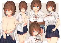Rule 34 | 1girl, black skirt, blue eyes, blush, breast rest, breasts, brown hair, cleavage, closed mouth, collarbone, highres, huge breasts, looking at viewer, multiple views, navel, no bra, off shoulder, one eye closed, open mouth, original, pleated skirt, school uniform, shirt, short hair, simple background, skirt, smile, sune (mugendai), undressing, white shirt