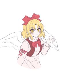 Rule 34 | 1girl, angel wings, blonde hair, blush, closed mouth, dress, gengetsu (touhou), hihi (cvwv4322), long sleeves, pink dress, short hair, simple background, smile, solo, touhou, touhou (pc-98), upper body, white background, white wings, wings, yellow eyes