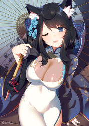 Rule 34 | 1girl, :3, alternate costume, animal ears, azur lane, black hair, breasts, china dress, chinese clothes, cleavage, dress, flower, fusou (azur lane), fusou (the celebration of spring) (azur lane), hair flower, hair ornament, hand up, highres, holding, large breasts, long hair, long sleeves, looking at viewer, oil-paper umbrella, one eye closed, parted lips, smile, solo, supershiruco, twitter username, umbrella, white dress, wide sleeves
