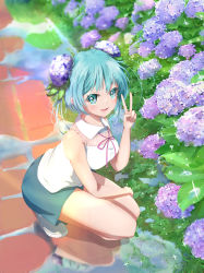 Rule 34 | 1girl, blue eyes, blue hair, double bun, flower, from above, hatsune miku, hatsune miku (vocaloid4) (chinese), highres, hydrangea, looking at viewer, looking up, puddle, reflection, solo, squatting, thighs, twintails, vocaloid, yu-ame