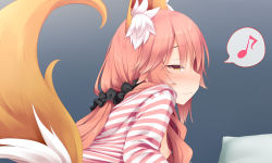 Rule 34 | 1girl, :3, aged down, animal ear fluff, animal ears, black scrunchie, blue background, blush, breasts, cardigan, closed mouth, fate/extra, fate/grand order, fate (series), fox ears, fox girl, fox tail, from behind, gradient background, haryuu (poetto), highres, hood, hood down, hooded cardigan, long hair, looking at viewer, looking back, multicolored clothes, musical note, nipples, nose blush, official alternate costume, open cardigan, open clothes, pillow, pink cardigan, pink hair, scrunchie, small breasts, solo, spoken musical note, squinting, striped cardigan, tail, tail raised, tamamo (fate), tamamo no mae (fate/extra), tamamo no mae (spring casual) (fate), twintails, white cardigan, yellow eyes
