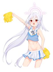 Rule 34 | 1girl, absurdres, alternate costume, alternate hairstyle, armpit crease, bare arms, bare legs, blue archive, blue skirt, blush, cheerleader, commentary, contrapposto, cowboy shot, crop top, drawfag, english commentary, grey hair, halo, head wings, highres, long hair, midriff, miniskirt, mole, mole under eye, navel, open mouth, pom pom (cheerleading), red eyes, sailor collar, simple background, single head wing, skirt, solo, standing, stomach, suzumi (blue archive), transparent background, two-tone skirt, very long hair, white sailor collar, white skirt, wings