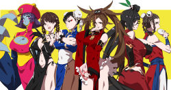 Rule 34 | 6+girls, absurdres, arc system works, baozi, black hair, black legwear, black panties, blazblue, blue skin, bracelet, braid, breasts, brown eyes, brown hair, bun cover, capcom, china dress, chinese clothes, chun-li, cleavage, colored skin, covered navel, crossover, dead or alive, detached sleeves, double bun, dress, eating, fatal fury, food, guilty gear, hand on own hip, hat, highres, jewelry, jiangshi, kuradoberi jam, large breasts, lei fang, lei lei, li xiangfei, litchi faye ling, long hair, makai, multiple girls, muscular, muscular female, navel, panties, pantyhose, pelvic curtain, ponytail, puffy short sleeves, puffy sleeves, purple hair, qingdai guanmao, serious, short hair, short sleeves, side-tie panties, sleeveless, snk, spiked bracelet, spikes, stomach, street fighter, tecmo, the king of fighters, thong, toned, trait connection, twin braids, underwear, vampire (game), very long hair, wide sleeves, yellow background