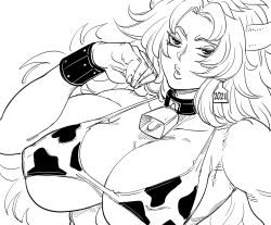 Rule 34 | 1girl, animal print, bad id, bb (baalbuddy), bell, big hair, breasts, collar, commentary, covered erect nipples, cow horns, cow print, cowbell, ear tag, english commentary, fingernails, greyscale, hand up, highres, horns, huge breasts, inactive account, long hair, monochrome, parted lips, queen&#039;s blade, risty (queen&#039;s blade), simple background, solo, upper body, white background, wristband