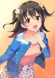 Rule 34 | 1girl, :d, akagi miria, black hair, blue jacket, blush, breast pocket, collarbone, comic, flower, gradient background, gradient hair, hair flower, hair ornament, hand on own face, hand to own mouth, hand up, idolmaster, idolmaster cinderella girls, jacket, leaning forward, long sleeves, looking at viewer, multicolored hair, natsuya (natuya777), open mouth, orange background, pink sweater, pocket, print skirt, purple hair, red eyes, skirt, smile, solo, standing, star (symbol), star print, sweater, tareme, two side up, white skirt