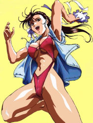 Rule 34 | 1girl, :d, alternate costume, alternate hairstyle, arm up, armpits, arms up, bikini, black eyes, black hair, breasts, breasts apart, brown hair, bun cover, capcom, china dress, chinese clothes, chun-li, cleavage, covered erect nipples, double bun, drawstring, dress, floating hair, from below, hair bun, hair down, happy, holding, hood, hoodie, jacket, jpeg artifacts, large breasts, leg lift, long hair, looking at viewer, nail polish, narrow waist, navel, o-ring, o-ring bikini, o-ring top, official art, ooshima yasuhiro, open clothes, open hoodie, open mouth, red bikini, ribbon, shiny skin, sideboob, simple background, skindentation, slingshot swimsuit, smile, solo, street fighter, swimsuit, underboob, undressing, wide hips, yellow background