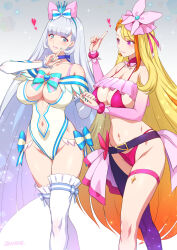 Rule 34 | 2girls, alternate breast size, alternate costume, aqua eyes, artist name, bikini, blonde hair, blue bow, blue bowtie, blue nails, bow, bowtie, breasts, closed mouth, cure butterfly, cure nyammy, fingernails, gradient background, grey background, grey hair, hair bow, highres, hijiri ageha, hirogaru sky! precure, holding hands, index finger raised, joy ride, large breasts, leotard, long hair, looking at another, magical girl, multiple girls, nail polish, navel, nekoyashiki yuki, parted lips, pink bikini, pink bow, pink eyes, precure, purple thighhighs, red nails, single thighhigh, smile, standing, swimsuit, thighhighs, very long hair, white leotard, white thighhighs, wonderful precure!