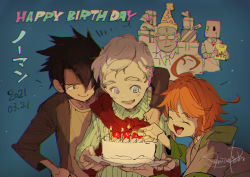 Rule 34 | 1girl, 2021, 2boys, ahoge, arm around neck, artist name, birthday, birthday cake, black eyes, black hair, blue background, blue eyes, brown jacket, cake, candle, chromatic aberration, dated, demizu posuka, emma (yakusoku no neverland), english text, eyebrows, closed eyes, fire, food, forehead, green jacket, green sweater, hair between eyes, hair over one eye, happy, happy birthday, jacket, lighting candle, long sleeves, looking at another, matches, multiple boys, neck tattoo, norman (yakusoku no neverland), official art, one eye covered, open mouth, orange hair, pale skin, ray (yakusoku no neverland), shirt, short hair, sleeves past elbows, smile, sweater, tattoo, tongue, watermark, white hair, white shirt, yakusoku no neverland