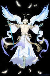 Rule 34 | 1boy, abs, absurdres, angel, angel wings, arms at sides, barefoot, flying, full body, glowing, glowing eyes, glowing feather, halo, highres, horns, kamurai tribe, large horns, large pectorals, looking at viewer, male focus, mechanical halo, muscular, muscular male, nanase miri, navel, no nipples, official art, pectorals, short hair, solo, spread wings, topless male, white hair, wings
