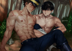 Rule 34 | 2boys, abs, bad id, bad pixiv id, bara, black hair, bolt action, character request, cowboy shot, facial hair, goatee, golden kamuy, gun, hat, imperial japanese army, kzhma, large pectorals, male focus, male pubic hair, manly, military hat, multiple boys, muscular, navel, nipples, pectorals, pubic hair, rifle, scar, scar on face, short hair, sugimoto saichi, topless male, weapon