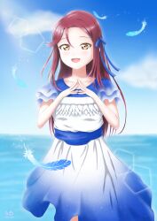 Rule 34 | 1girl, absurdres, birthday, dvermayo, feathers, highres, long hair, looking at viewer, love live!, love live! sunshine!!, open mouth, outdoors, red hair, sakurauchi riko, smile, solo, water blue new world, yellow eyes