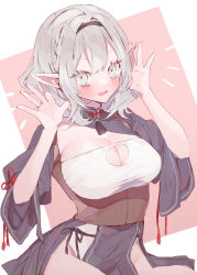 Rule 34 | 1girl, blush, braid, breasts, cleavage, cleavage cutout, clothing cutout, corset, french braid, green eyes, grey hair, hairband, highres, hinamori (18ar0), hololive, jewelry, large breasts, looking at viewer, mole, mole on breast, open hand, open mouth, pelvic curtain, pointy ears, ring, shiranui flare, shiranui flare (old design), shirogane noel, sitting, smile, solo, v-shaped eyebrows, virtual youtuber
