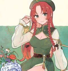 Rule 34 | 1girl, adapted costume, braid, breasts, cleavage, cleavage cutout, closed mouth, clothing cutout, dress, flower, green dress, green eyes, green hat, hat, hat ornament, hong meiling, long hair, long sleeves, medium breasts, mozukuzu (manukedori), pink flower, red flower, red hair, smile, solo, star (symbol), star hat ornament, touhou, twin braids, white flower