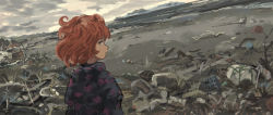 Rule 34 | 1girl, absurdres, beach, black coat, closed mouth, cloud, cloudy sky, coat, commentary request, dutch angle, expressionless, floral print, from behind, highres, horizon, katakai, looking at viewer, looking back, orange hair, original, outdoors, print coat, short hair, sky, solo, trash