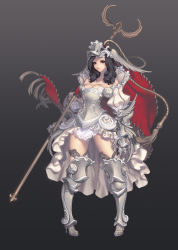 Rule 34 | 1girl, armor, black hair, boots, dress, frilled dress, frills, full body, gauntlets, gradient background, greaves, grey background, head wings, headgear, high heel boots, high heels, holding, holding staff, holding weapon, love cacao, medium hair, original, red eyes, rope, solo, staff, standing, thighhighs, weapon, wings