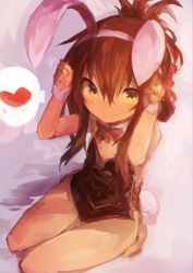 Rule 34 | 1girl, absurdres, alternate costume, animal ears, bare legs, barefoot, black legwear, blush, brown hair, commentary, detached collar, fake animal ears, folded ponytail, grey background, hair between eyes, heart, highres, inazuma (kancolle), kaamin (mariarose753), kantai collection, leotard, playboy bunny, ponytail, rabbit ears, rabbit pose, rabbit tail, red neckwear, simple background, sitting, smile, solo, spoken heart, tail, wrist cuffs, yellow eyes